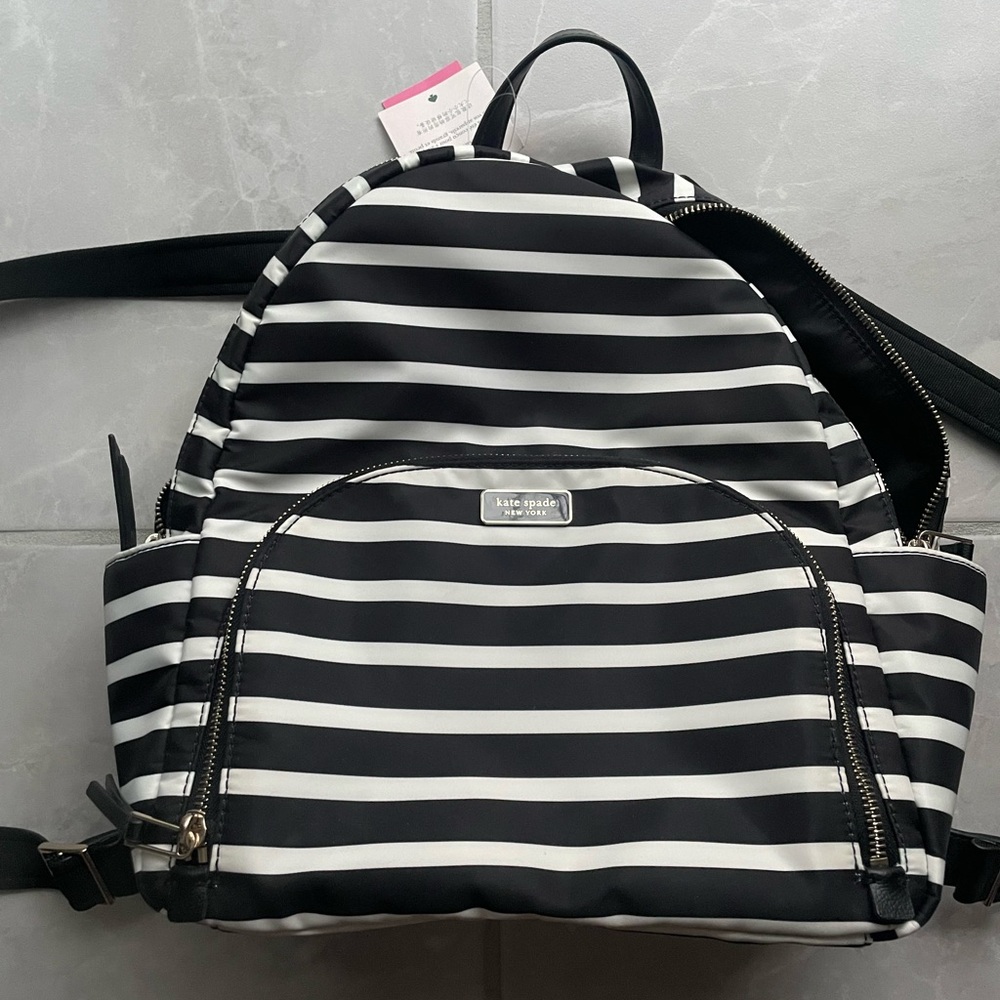 kate spade Black and White Striped Nylon Backpack